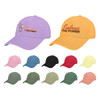 A collection of premium washed cotton baseball caps in various colours including purple, orange, pink, blue, black, and green, featuring logos.