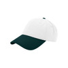 A solid colour cap featuring a white crown and a dark green brim. It has a logo on the front.