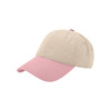 A solid fashion cap in beige with a pink peak, featuring a logo on the side.