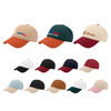 A collection of six-panel solid colour caps in various colours, featuring different logos.