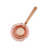 A round cocktail strainer in a rose gold finish with a spiral design and a perforated bowl.