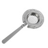 A round stainless steel cocktail strainer with a perforated design and a long handle.