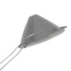 A stainless steel bar mesh strainer with a conical shape and two handles, featuring a logo.