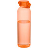 A drink bottle made from recycled plastic, featuring an orange body and a secure screw-top lid, filled with water.