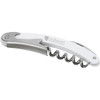 A white and silver waitress knife with a corkscrew and a bottle opener. Includes branding.
