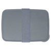 A grey lunch box with a strap on top, featuring a simple design and a smooth finish. It has a logo.