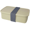 A beige lunch box with a grey band. It features a rectangular design and a lid. Includes a logo.