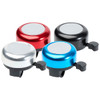 A set of four bicycle bells in red, black, blue, and silver with a shiny top and a mountable lever.