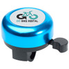 A blue bicycle bell with a black lever and a logo on the top.