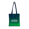 A green and navy tote bag with a logo, featuring two long handles and a professional design.