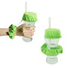 A drink bottle with a bright green scrunchie-style cover and a matching strap, holding a straw.