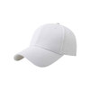 A cotton baseball cap in white, featuring a hard top and an adjustable strap at the back.