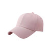 A pink cotton baseball cap with a hard top, featuring a curved brim and an adjustable strap at the back.