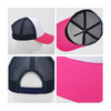 A premium vintage trucker hat featuring a white front, pink peak, and navy mesh back with an adjustable strap.
