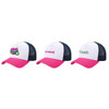 Three Premium Vintage Trucker Hats featuring pink brims and mesh backs, each with different logos on the front.