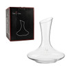 A glass wine decanter with a sleek design, displayed beside its packaging featuring a logo.