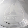 A clear glass wine decanter featuring an etched logo design. The shape is elegant and classic.