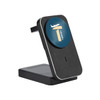 A wireless charger with a sleek black design and a round blue logo features a travel theme.
