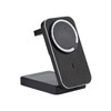 A wireless charger in black with a sleek design, featuring a circular charging pad and a stand.