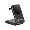 A black and silver wireless charger with a circular charging pad and a branded logo on the front.