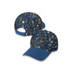 A 5 panel cap featuring a floral pattern in navy blue and orange colours, with a solid blue peak and adjustable strap.