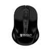 A wireless mouse in black, featuring a logo. The design is sleek with an ergonomic shape.
