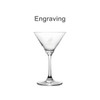A classic martini glass, clear with a tapered bowl and a stable base, featuring a logo engraving.