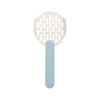 A cat litter scoop with a white head and a light blue handle, featuring a slotted design for easy scooping.