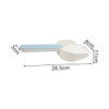 A cat litter scoop in white and light blue, featuring a slotted scoop and a comfortable handle. Dimensions provided.