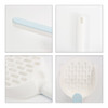 A cat litter scoop with a white body and a light blue handle, featuring a slotted design for easy sifting.