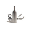 A drink bottle opener in silver, featuring a corkscrew, knife, bottle cap opener, and scissors in a compact design.
