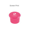A pink silicone wine stopper with a round top, featuring a logo.