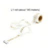 A roll of clear soft ribbon with gold text that reads "GOOD LUCK," measuring 16mm in width.