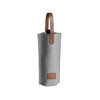 A drink bottle bag made of grey felt with a brown leather handle and accent.