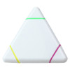 A triangular highlighter in white with green, yellow, and pink accents. Features a logo on one side.
