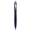 A navy ballpoint pen with a sleek design and a silver clip, featuring a logo.