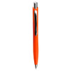An orange click action ballpoint pen with a shiny silver clip and a smooth design.