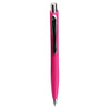 A pink ballpoint pen with a shiny silver clip and a sleek design, featuring a branding logo.
