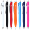 A collection of ballpoint pens in black, white, orange, blue, pink, and navy, featuring a logo on the barrel.