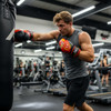 A man in a gym wearing red and black boxing gloves strikes a punching bag, showcasing athleticism and form.