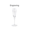 A tall, clear glass champagne flute with a tapered design and an engraved logo.