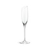 A slanted champagne glass with a clear, tall design featuring an elegant curved rim and a slim base.