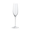 A clear glass champagne flute with a tall, slender design and a sturdy base, featuring a simple logo.