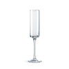 A straight champagne flute in clear glass with a tall, slender stem and a wide bowl. It features a logo.