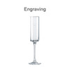 A straight champagne flute made of clear glass with a long stem and an engraving.