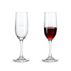 A pair of classic wine glasses, one clear and empty, the other filled with red wine. Each features a logo.