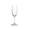 A clear, elegant wine glass with a tall stem and flared bowl. Features a simple design and has a logo.