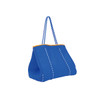 A large blue neoprene beach tote bag with patterned rope handles and orange trim. It features a logo.