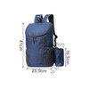 A blue and grey packable travel backpack with dimensions indicated, featuring a drawstring pouch attached.