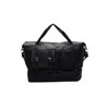 A black travel weekender bag with multiple straps and pockets, featuring a logo.